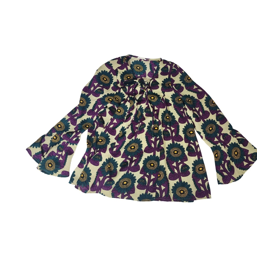 Entro Women Purple Teal Sunflower‎ Floral Tie Neck Bell Sleeve Boho Blouse Small